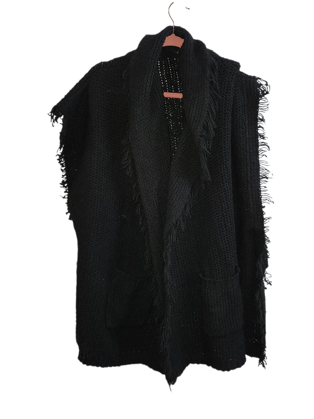 Ralph Lauren Black Fringe Open-Front Knit Poncho Cardogan Sweater
